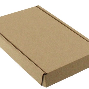 May include: A rectangular, closed cardboard box in a natural brown color. The box has a simple, clean design with folded edges and a flat top. Ideal for packaging and shipping small items.