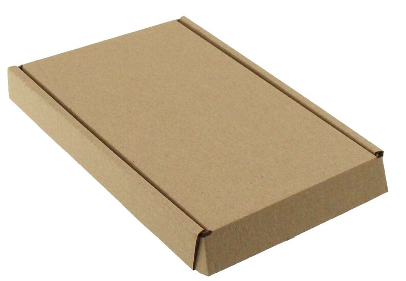 May include: A rectangular, closed cardboard box in a natural brown color. The box has a simple, clean design with folded edges and a flat top. Ideal for packaging and shipping small items.
