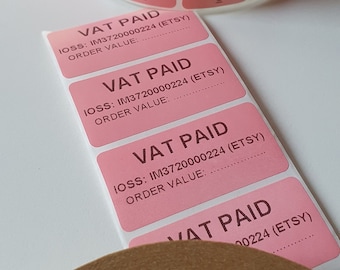 IOSS labels - VAT PAID pink 1"x2" stickers for Etsy orders mailing