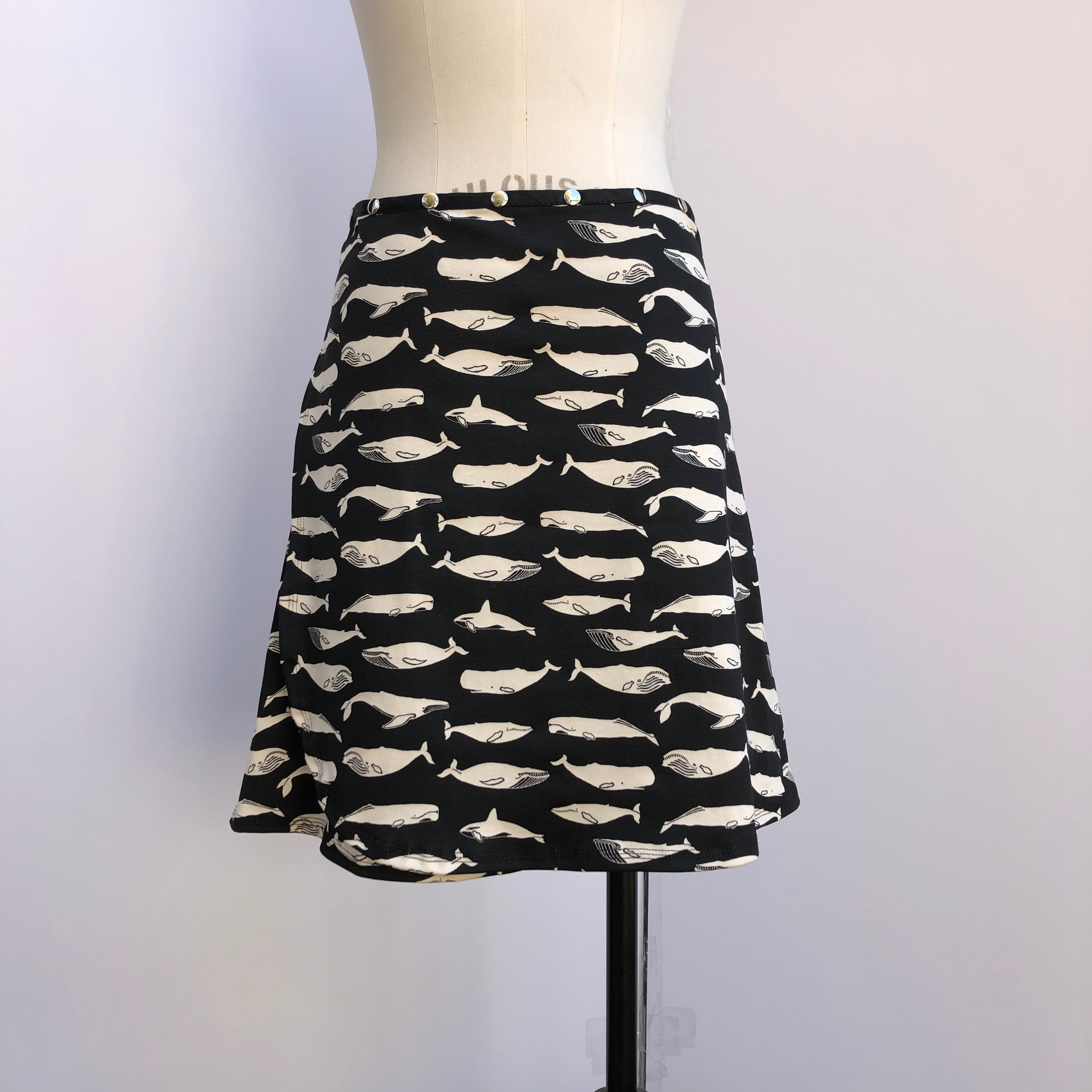 Organic Snap Skirt by Erin MacLeod, black and white whale skirt, wrap skirt
