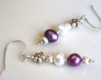 Sterling Silver Earrings with White and Purple Freshwater Pearls