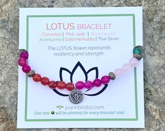 Lotus Strength Bracelet | Resiliency | Hill Tribe Silver | Healing Bracelet | Valentine Gift | Rose Quartz | Carnelian | Empath | Handmade