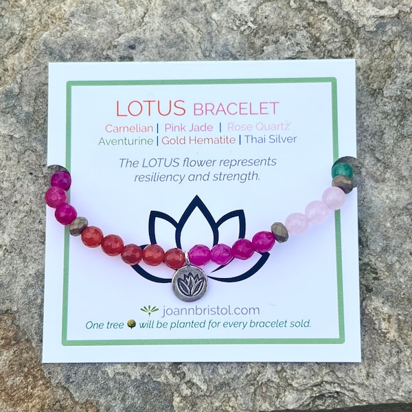 Lotus Strength Bracelet | Resiliency | Hill Tribe Silver | Healing Bracelet | Valentine Gift | Rose Quartz | Carnelian | Empath | Handmade