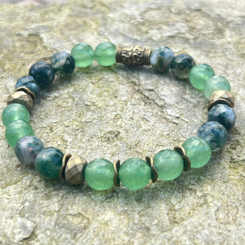 Moss Bracelet Moss Agate Nature Gift Faceted Green Jade Gold Hematite Gift for Gardener Hiking Jewelry Nature Jewelry image 5