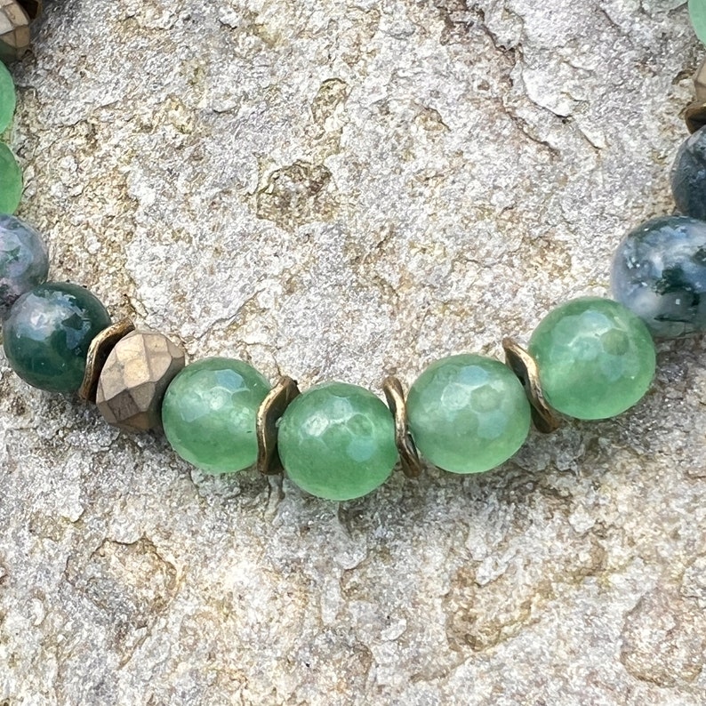 Moss Bracelet Moss Agate Nature Gift Faceted Green Jade Gold Hematite Gift for Gardener Hiking Jewelry Nature Jewelry image 6