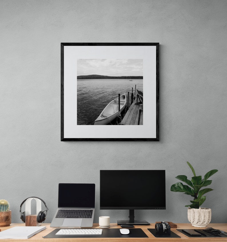 Canoe on a Lake Print Black and White Photograph Printable Wall Art Instant Download Fine Art Photography Maine Lake Photography image 7