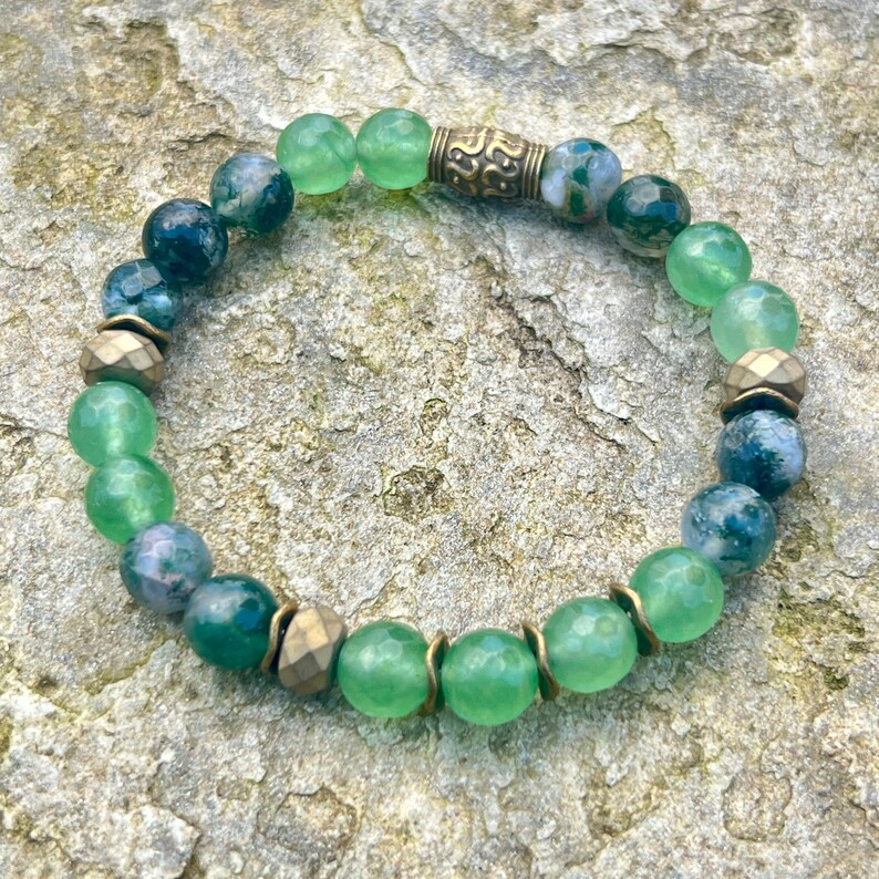 Moss Bracelet Moss Agate Nature Gift Faceted Green Jade Gold Hematite Gift for Gardener Hiking Jewelry Nature Jewelry image 1