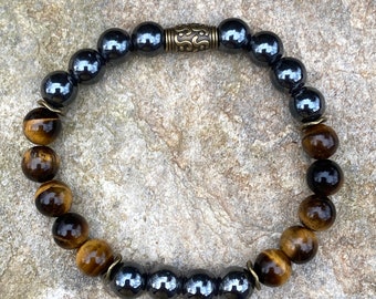 Classic Men's Bracelet | Tiger's Eye | Black Hematite |  Antique Brass | Handmade Jewelry | Gift for Him | Fathers Day Gift