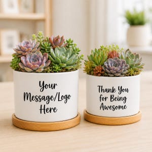 Personalized Succulent Gift Thank You Planter Ceramic Pot with Bamboo Saucer