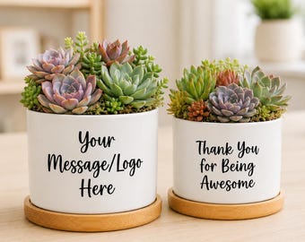 Personalized Succulent Gift Thank You Planter Ceramic Pot with Bamboo Saucer