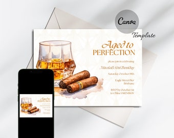 May include: A birthday invitation with a watercolor illustration of a glass of whiskey and cigars. The text reads "Aged to Perfection" and "Mitchell's 50th Birthday".
