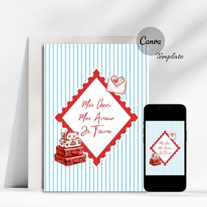Anpassbare Valentinstag Karte Je T'aime Französischer Jahrestag Grußkarte druckbare Vorlage