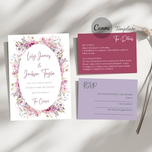 Wedding Invitation Set Customisable Save the Date Vintage Garden Floral Printable Invitation Purple Flowers Editable Canva Invitation