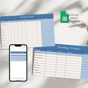May include: Two Google Sheets templates for wedding planning. The first sheet is a wedding budget with columns for item, budget, quantity, amount spent, remaining budget, and notes. The second sheet is for wedding vendors with columns for item, supplier, phone number, email address, and additional notes.