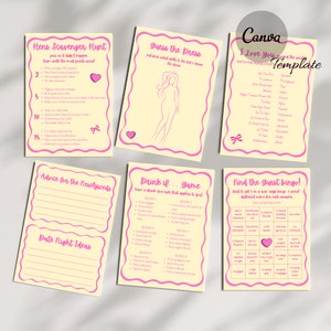 Może przedstawiać: Zestaw drukowanych gier na wieczór panieński z różowymi i żółtymi akcentami. Gry obejmują "Hens Scavenger Hunt", "Guess the Dress", "I Love You", "Advice for the Newlyweds", "Drink If... Game" i "Find the Guest Bingo!"