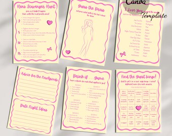 May include: A set of printable bridal shower games with pink and yellow accents. The games include "Hens Scavenger Hunt", "Guess the Dress", "I Love You", "Advice for the Newlyweds", "Drink If... Game", and "Find the Guest Bingo!"