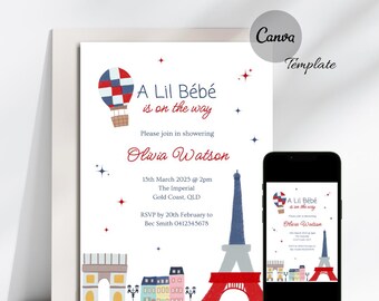 Modello di invito per baby shower "French Bebe": modificabile, stampabile (5 x 7 pollici, download digitale)