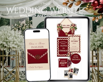 Burgundy Wedding Website Template, Digital Wedding Invitation, Online RSVP, Editable Canva Template, Elegant Floral Marriage Website