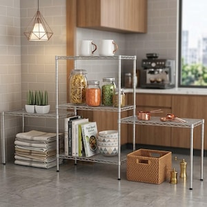 May include: A silver metal wire shelving unit with three tiers, featuring a stack of folded light-colored linens, glass jars filled with dry goods, cookbooks, patterned ceramic bowls, and a woven brown storage basket on the lower shelves.