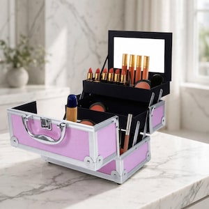 May include: A light purple makeup train case with silver metal trim and a handle. The case is open, revealing a tiered interior with a built-in mirror, multiple black storage compartments, and various cosmetic items including lipsticks and brushes.