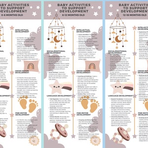 3 unieke infographics voor alle fasen van de babyontwikkeling: 0-6 maanden, 6-12 maanden, 12-18 maanden