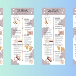 May include: A printable chart with illustrations and text outlining baby activities to support development from 0-6 months and 6-12 months old. The chart includes categories for intellectual, social-emotional, gross motor, language, and fine motor development.