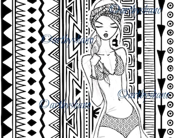 Instant Digital Download Print your Own Coloring Book Page Sheet of Boho Woman SHANO For Adults or Children for Relaxation or Anxiety