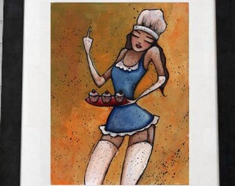 Puede incluir: Impresión artística enmarcada que presenta una ilustración de dibujos animados de una mujer con un vestido azul y un gorro de chef sosteniendo una bandeja de cupcakes. La mujer está mostrando el dedo medio. El fondo es naranja con motas negras.