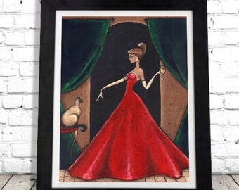 Puede incluir: Obra de arte enmarcada que representa a una mujer con un vestido rojo sosteniendo una copa de champán. Un gato está sentado en una pequeña mesa. La obra está ambientada sobre un fondo oscuro con cortinas verdes. El texto "Art by Shano" está en la parte superior.