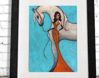 Puede incluir: Impresión artística enmarcada que presenta a una mujer con un vestido naranja y guantes negros junto a un caballo blanco. El fondo es de color turquesa moteado. La obra de arte está en un marco negro.