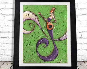 Puede incluir: Impresión artística enmarcada que presenta a una mujer estilizada tocando un laúd sobre un fondo verde moteado. La mujer está representada en tonos morados y naranjas, con un diseño morado fluido. Las palabras "Art by Shano" están en la parte superior.