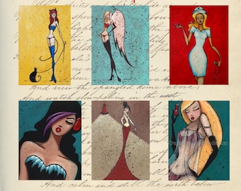 Puede incluir: Un conjunto de tarjetas y sobres con seis ilustraciones coloridas de mujeres estilizadas. La obra de arte incluye una mujer gato, un ángel, una enfermera y otras figuras. Las palabras "Notecards" y "Envelopes" están escritas en rojo.