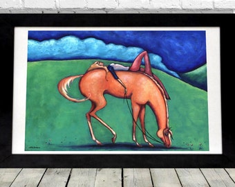 Puede incluir: Pintura original en un marco negro. La obra de arte representa un caballo naranja estilizado pastando en un campo verde bajo un cielo azul. El texto "Art by Shano" está en la parte superior central.