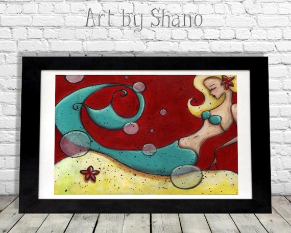 Mermaid Art Print, Colorful Home Decor Wall Hanging, Nautical Ocean Decorations, Beach House Housewarming Gift for Her, Turquoise Sea, Shano