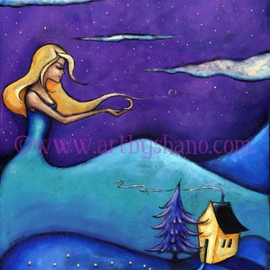 May include: An original painting shows a woman with blonde hair in a blue dress, holding a crescent moon against a starry purple sky. A small yellow house and a purple tree sit on a blue hill. The artwork is signed and includes the website www.artbyshano.com.