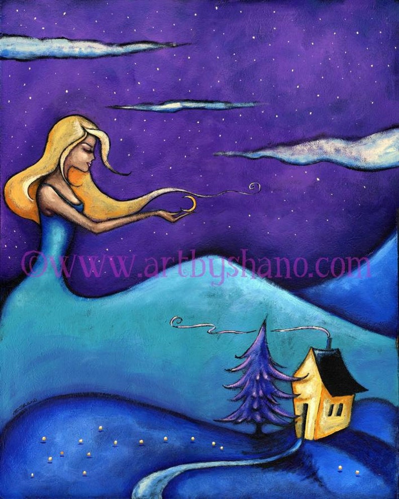 May include: An original painting shows a woman with blonde hair in a blue dress, holding a crescent moon against a starry purple sky. A small yellow house and a purple tree sit on a blue hill. The artwork is signed and includes the website www.artbyshano.com.
