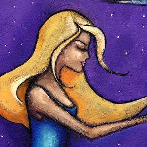 May include: A painting depicting a woman with long, flowing blonde hair against a purple backdrop with white stars. The woman is wearing a blue dress. The artwork has a textured finish.