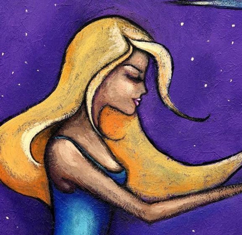 May include: A painting depicting a woman with long, flowing blonde hair against a purple backdrop with white stars. The woman is wearing a blue dress. The artwork has a textured finish.