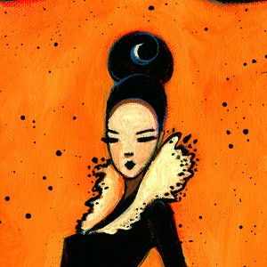 May include: An illustration of a woman with black hair styled in a bun with a crescent moon detail. She wears a black top with a white ruffled collar against an orange background with black speckles.
