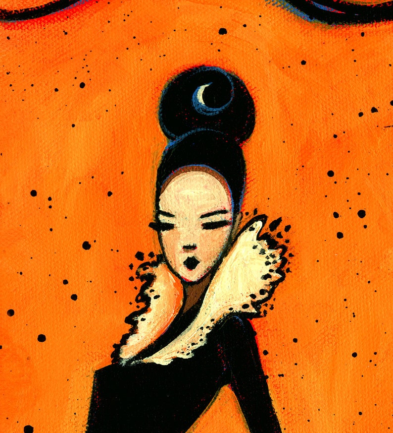May include: An illustration of a woman with black hair styled in a bun with a crescent moon detail. She wears a black top with a white ruffled collar against an orange background with black speckles.