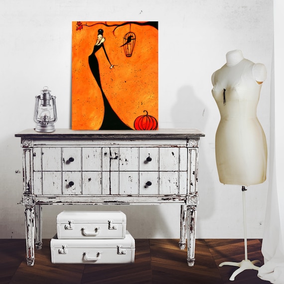 Autumn Art Print, Fall Artwork, Halloween Wall Hanging, Modern Farmhouse, Home Decor, Elegant Illustration, Chanel Witch, Crow Pumpkin SHANO