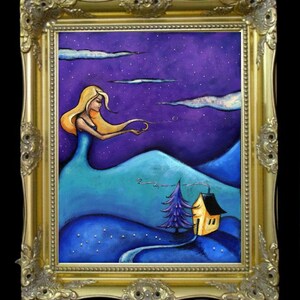 May include: An original painting in a gold ornate frame. The artwork shows a woman with long blonde hair against a purple starry sky. A blue landscape features a house and a tree.