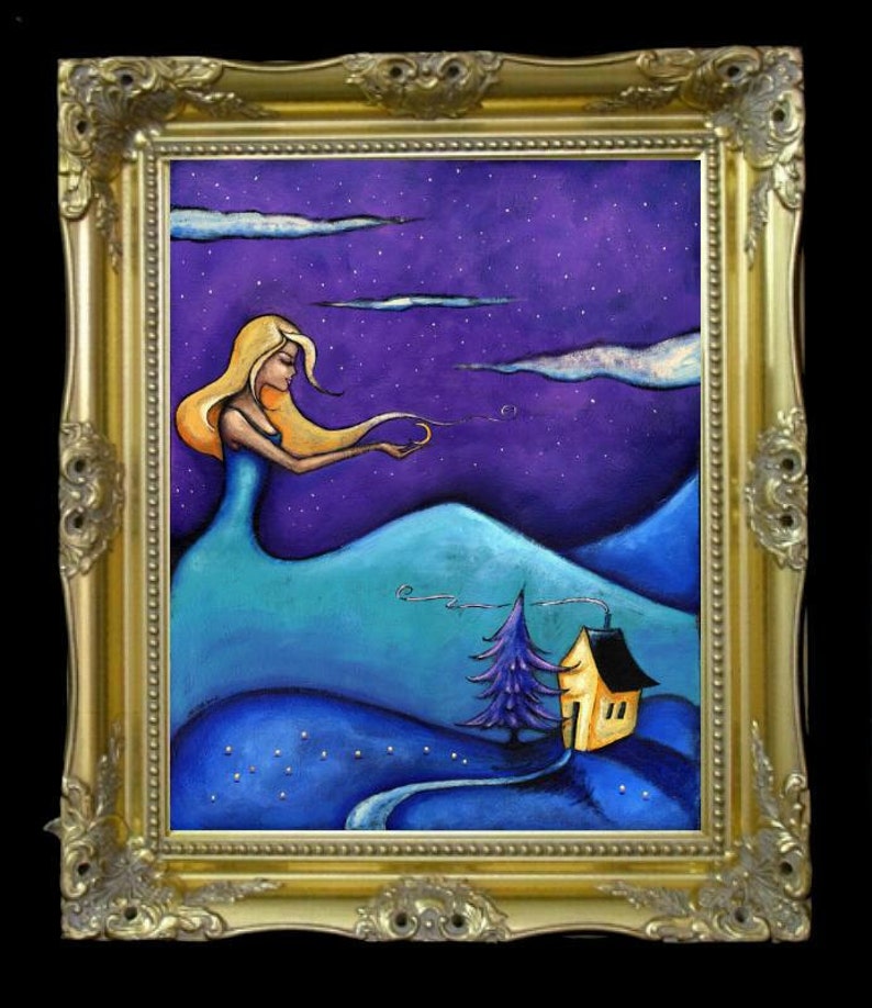 May include: An original painting in a gold ornate frame. The artwork shows a woman with long blonde hair against a purple starry sky. A blue landscape features a house and a tree.