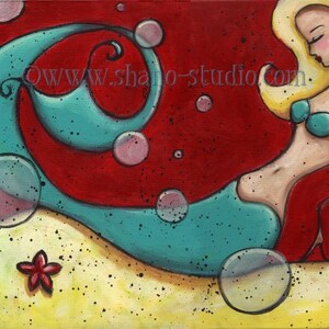 May include: An abstract painting of a mermaid with flowing teal tail and hair, adorned with a red flower. The background is red with bubbles and a starfish on a yellow surface. The artwork has a whimsical, cartoonish style.