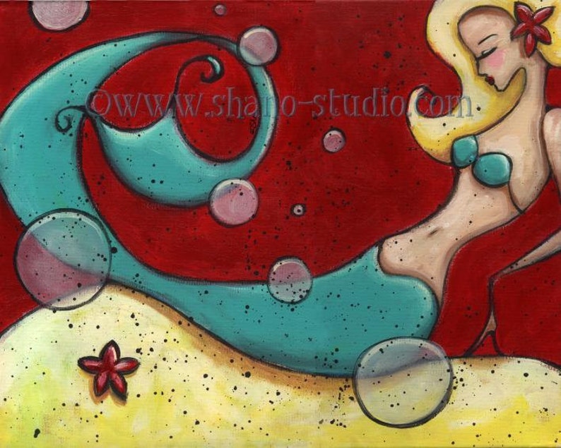 May include: An abstract painting of a mermaid with flowing teal tail and hair, adorned with a red flower. The background is red with bubbles and a starfish on a yellow surface. The artwork has a whimsical, cartoonish style.