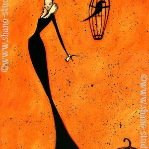 May include: An orange and black painting featuring a woman in a black dress with a white collar, holding a small object. A bird in a cage hangs from a branch, and a pumpkin sits at the bottom. The artwork has a whimsical, Halloween theme.