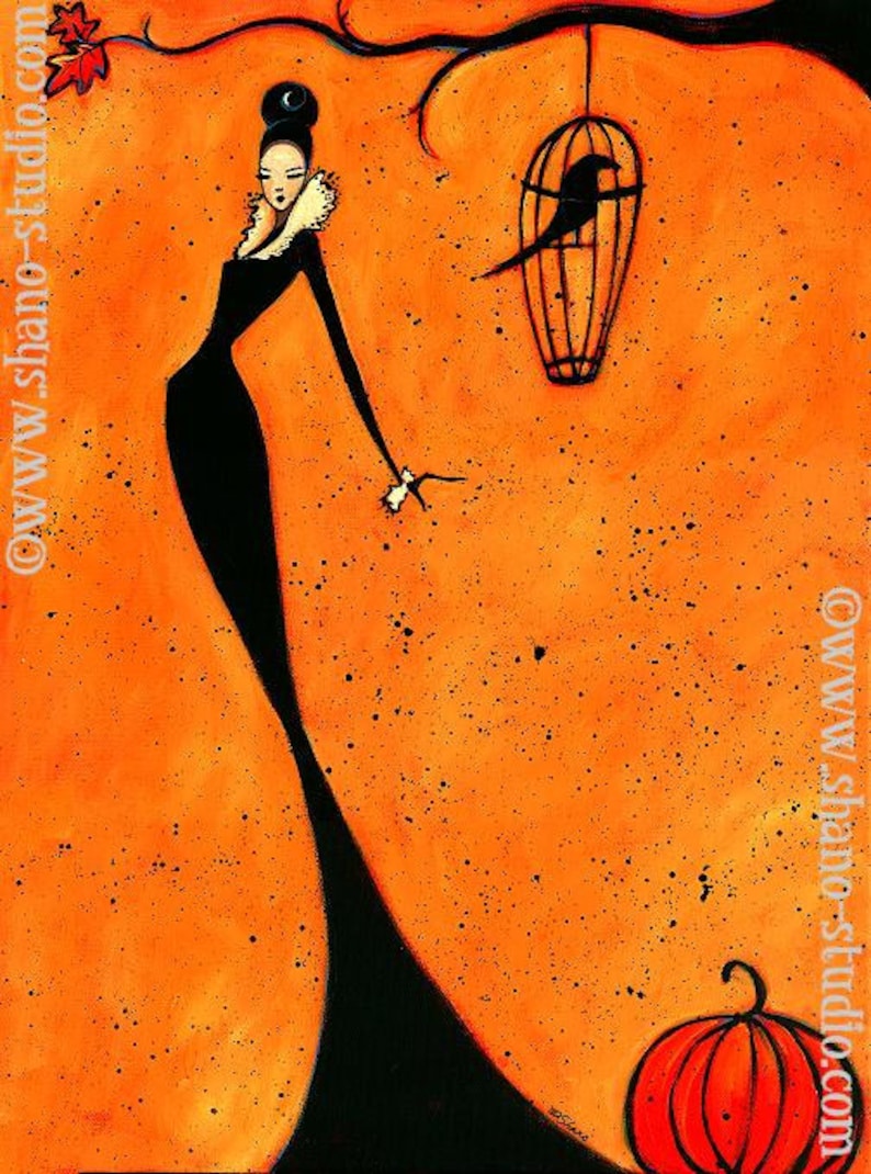 May include: An orange and black painting featuring a woman in a black dress with a white collar, holding a small object. A bird in a cage hangs from a branch, and a pumpkin sits at the bottom. The artwork has a whimsical, Halloween theme.