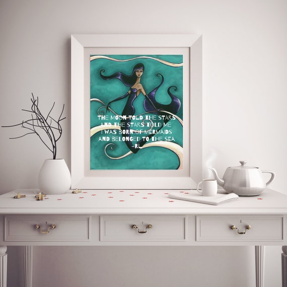 Mermaid Art Print, Word Porn, Nautical Home Decor, Beach House, Star Moon,  Sea Ocean Poetry, Fantasy Artwork, Gift for Her, Art by Shano