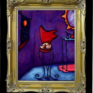 Puede incluir: Pintura original en un marco dorado ornamentado. La obra representa una escena interior caprichosa con una silla roja, un gato durmiendo y una mesa con botellas. La paleta de colores incluye morado, azul y rojo.