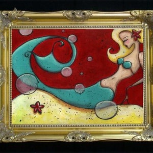 May include: A framed painting of a mermaid with blonde hair and a red flower, wearing a teal bikini top. The background is red with bubbles and a teal wave. The mermaid is on a yellow sandy area with a red starfish.